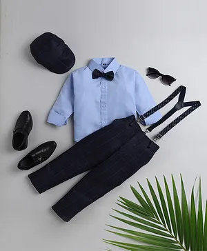 Jeet Ethnics Full Sleeves Solid Suspender Shirt With Graph Checked Pant Set -  Navy Blue