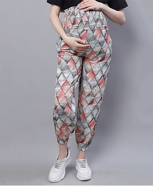 Moms Maternity  Georgette Crepe Geometric Printed Maternity Trouser - Off White