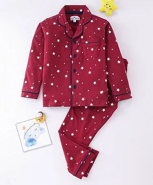 Nite Flite Full Sleeves All Over Stars Printed Coordinating Night Suit - Red
