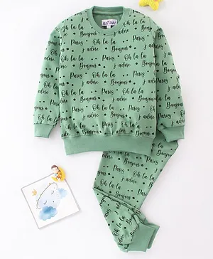 Nite Flite Full Sleeves All Over Text Printed Coordinating Night Suit - Green