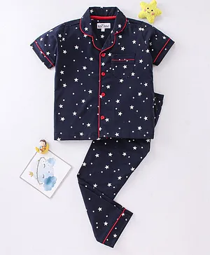 Nite Flite Half  Sleeves Stars Printed Coordinating Night Suit - Navy Blue