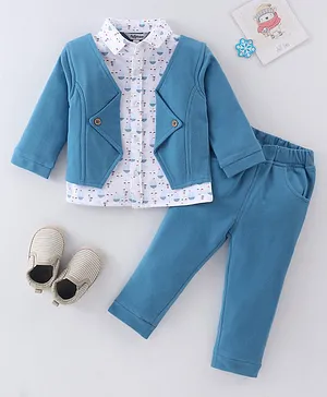 ToffyHouse Full Sleeves Party Wear Shirt with Attached Jacket & Pant Floral Print - Airforce Blue