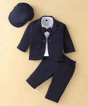 Robo Fry Knit to Woven Full Sleeves Party Suits with Cap Solid Colour- Navy Blue