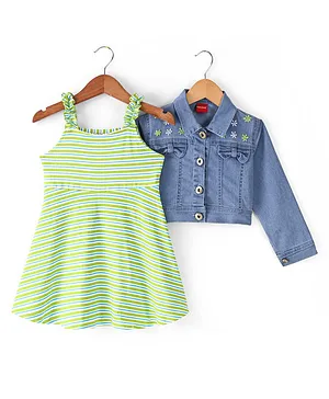 Babyhug Cotton Jersey Knit Sleeveless Frock With Half Sleeves Denim Jacket Striped & Floral Print - Green & Blue