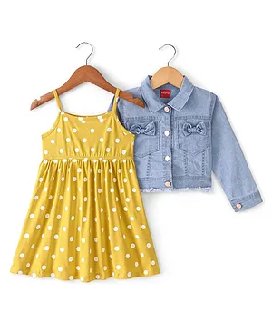 Babyhug Cotton Jersey Knit Sleeveless Frock With Full Sleeves Denim Jacket Polka Dot Print Bow Applique- Yellow & Blue