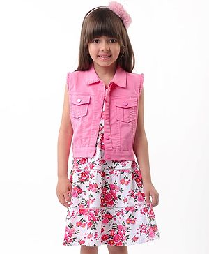 Babyhug Cotton Jersey Knit Sleeveless Frock With Denim Jacket Floral Print- Pink