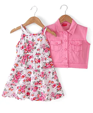 Babyhug Cotton Jersey Knit Sleeveless Frock With Denim Jacket Floral Print- Pink