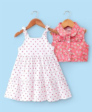 Babyhug Cotton Jersey Woven Sleeveless Frock with Sleeveless Jacket Floral Print - White & Peach
