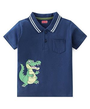 Babyhug Cotton Knit Half Sleeves Polo T-Shirt Dino Graphics - Blue