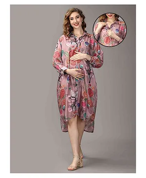 The Mom Store Full Sleeves Floral Printed Maternity And Nursing Oversized Shirt Dress - Multi Colour