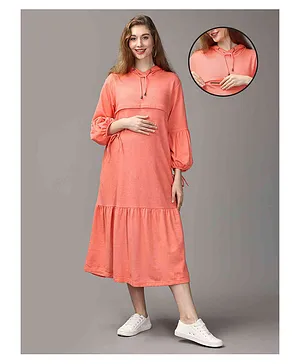 The Mom Store Full Sleeves Solid Hooded Maternity Tiered Dress With Nursing Access - Pastel Orange