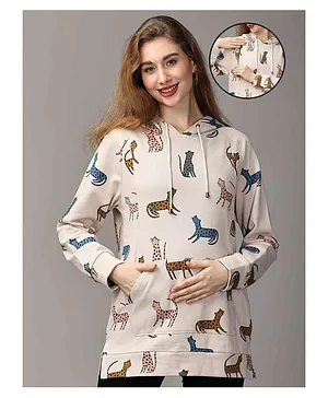 The Mom Store Full Sleeves Cheetah Printed Maternity Hooded Sweatshirt With Concealed Zipper Nursing Access - Beige