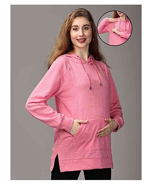 The Mom Store Full Sleeves Solid Hooded Maternity Sweatshirt With Zipper Nursing Access - Pink