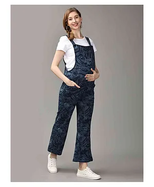The Mom Store Sleeveless Leaves Printed Design Maternity Dungaree With Nursing Access - Blue