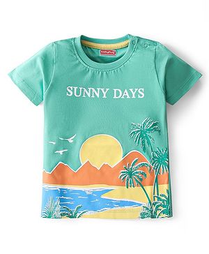 Babyhug 100% Cotton Knit Half Sleeves T-Shirt With Beach Theme Graphics  -Green Blue & White