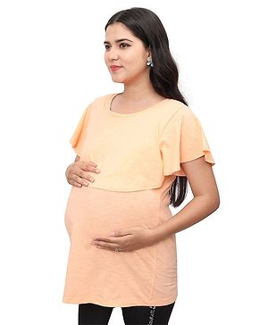 Mama & Bebe Half Sleeves Frill Detailed Maternity Feeding Top With Concealed Zipper -Peach