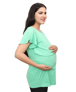 Mama & Bebe Half Sleeves Frill Detailed Maternity Feeding Top With Concealed Zipper - Pista Green