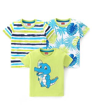 Babyhug Cotton Knit Half Sleeves T-Shirt with Striped Leaf & Crocodile Graphics Pack of 3 - Multicolour