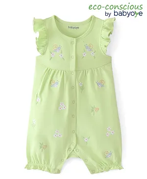 Babyoye  100% Cotton Knit with Eco Jiva Finish  Sleeveless with Frill Detailing Romper Floral Embroidery - Lime Green