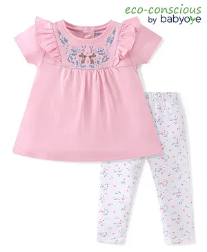 Babyoye 100% Cotton Interlock With Eco Jiva Finish Half Sleeves Top & Leggings Floral Print & Embroidery - Pink & White