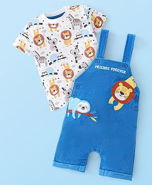 Babyhug 100% Cotton Single Jersey Knit Dungaree and Half Sleeves T-Shirt Set Animal Print - White & Blue