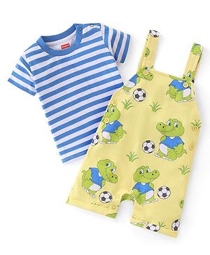 Babyhug 100% Cotton Single Jersey Knit Dino Printed Dungaree and Half Sleeves Striped T-Shirt Set - Blue & Yellow