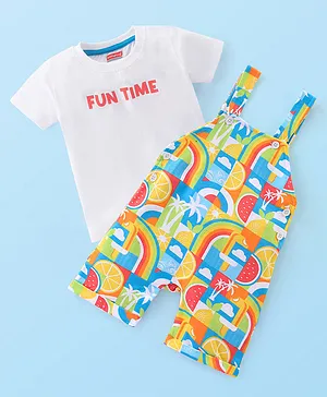 Babyhug 100% Cotton Knit Single Jersey Dungaree & Half Sleeves T-Shirt Set With Text & Abstract Print - Multicolour