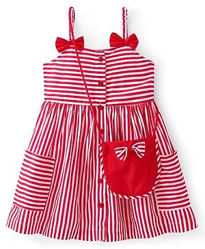 Babyhug Rayon Woven Sleeveless Striped Frock with Sling Bag & Bow Applique - Red