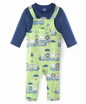 Doodle Poodle 100% Cotton Knit Dungaree with Full Sleeves T-Shirt Wild Animal Print - Navy Blue & Green