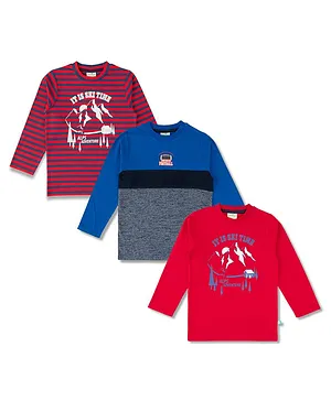 JusCubs Pack Of 3 Full Sleeves Striped & Adventure Printed Cotton Knitted Tees - Maroon Blue & Red