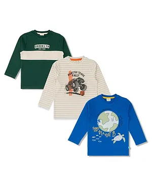 JusCubs Pack Of 3 Full Sleeves Striped & Graphics Printed Cotton Knitted Tees - Green Blue & Grey