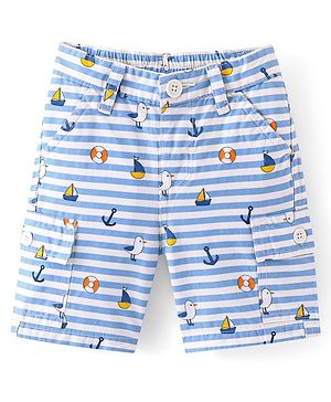 Babyhug Cotton Spandex Above Knee Length Bermuda Ships & Anchor Print - White & Blue