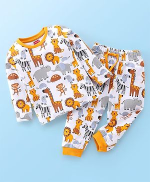Babyhug Cotton Single Jersey Knit Full Sleeves Night Suit Lion Print - White