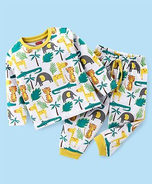 Babyhug Cotton Knit Full Sleeves Night Suit With Animals Print - Yellow & White