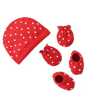 Babyhug 100% Cotton Knit Cap Mittens & Booties Set Heart Print- Red