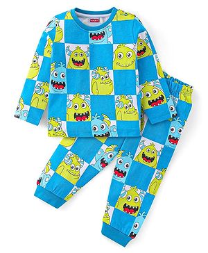 Babyhug Single Jersey Cotton Knit Full Sleeves Night Suit With Monster Print - Blue
