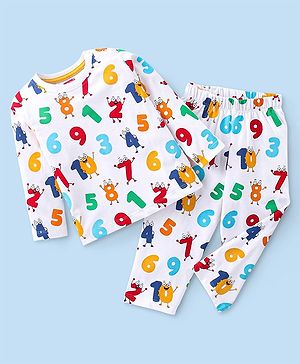 Babyhug Cotton Knit Full Sleeves Night Suit With Numbers Print - White