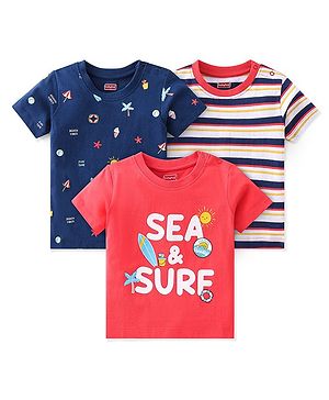Babyhug 100% Cotton Knit Half Sleeves T-Shirts With Stripe & Beach Theme Graphics Pack of 3 - Multicolor