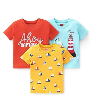 Babyhug 100% Cotton Knit Half Sleeves T-Shirt with Text & Ship Graphics Pack of 3 - Multicolor