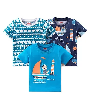 Babyhug Cotton Knit Half Sleeves T-Shirt Boat & Teddy  Print- Dark Blue & Blue