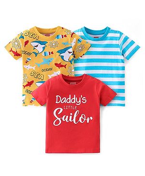 Babyhug Cotton Knit Half Sleeves T-Shirts Shark Graphic Print Pack of 3 - Red & Blue