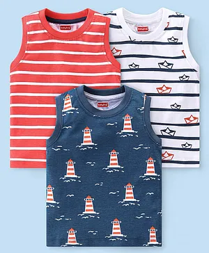 Babyhug 100% Cotton Knit Sleeveless Striped T-Shirt Boat Print - Multicolor