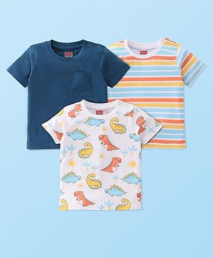 Babyhug Cotton Knit Half Sleeves T-Shirts Dino Printed & Striped Pack of 3 - Blue & White
