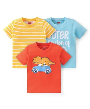Babyhug Cotton Knit Half Sleeves Striped & Dino Printed T-Shirts Pack of 3 - Red Blue & Yellow
