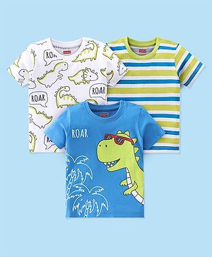 Babyhug Cotton Knit Half Sleeves T-Shirt Striped &  Dino  Print- Blue Green & White