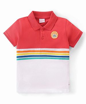 Babyhug 100% Cotton Knit Half Sleeves Polo T-Shirt with Stripe Design & Text Graphics - Red & White