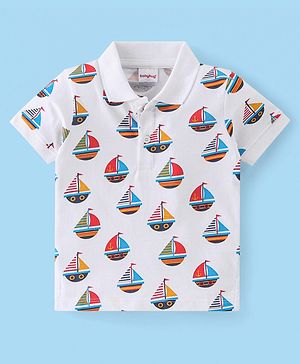 Babyhug Cotton Knit  Half Sleeves Ships Printed Polo T-Shirt - White