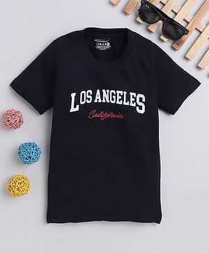 Fourfolds Half Sleeves Los Angeles California Text :Printed Tee - Navy Blue