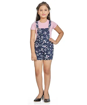 Peppermint Half Sleeves Solid Top With Floral Printed Dungaree - Navy Blue