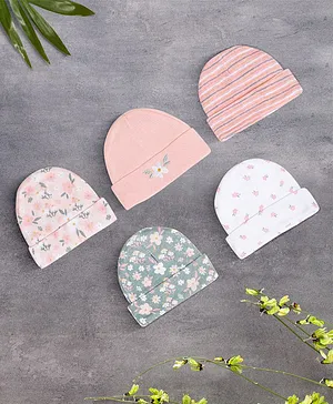 Baby Moo Pack Of 5 Ultra Soft 100% Cotton Striped & Floral Printed All Season Caps - Pink